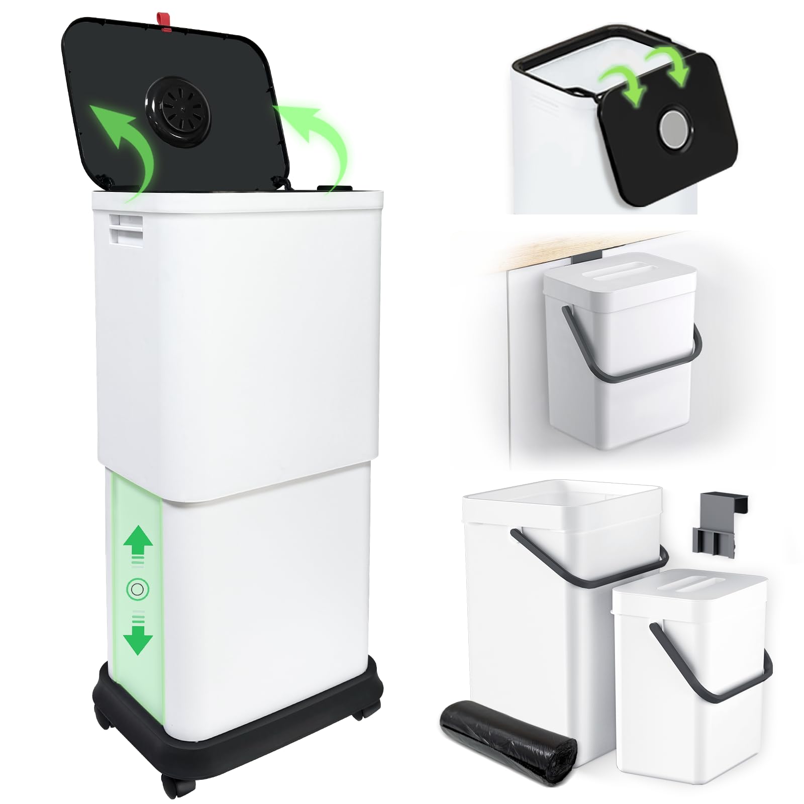 Gintan 13 Gallon Trash Can with Lid, 25-45 L Altitude Variable Bin, Garbage Can with Wheels for Kitchen, Bathroom, Bedroom, Office, with Two Space-Saving Hangable Small Waste Bin and Garbage Bag