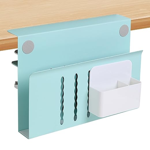 Desk Side Storage Organizer, Under Desk Laptop Holder Clamp on Table Shelf, No Drill Laptop Mount with Magnetic Pen Holder, Hanging Table Organizer for Office and Home