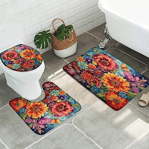3pcs Floral Boho Bathroom Sets with Non-Slip Rug,Toilet Lid Cover and Bath Mat, Watercolor Gorgeous Sunflowers Peony Daisies Colorful Flowers Tropical Plant Bathroom Carpet Bath Mat Toilet Rugs image 3