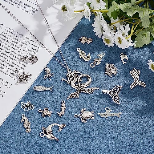 SUNNYCLUE 1 Box 80Pcs 20 Styles Sea Animals Charms Ocean Fish Alloy Pendants Beads Mermaid Dolphin Turtle Shark Hawaiian Beach Tibetan Style for DIY Jewelry Making Crafts Supplies Antique Silver - Image 4