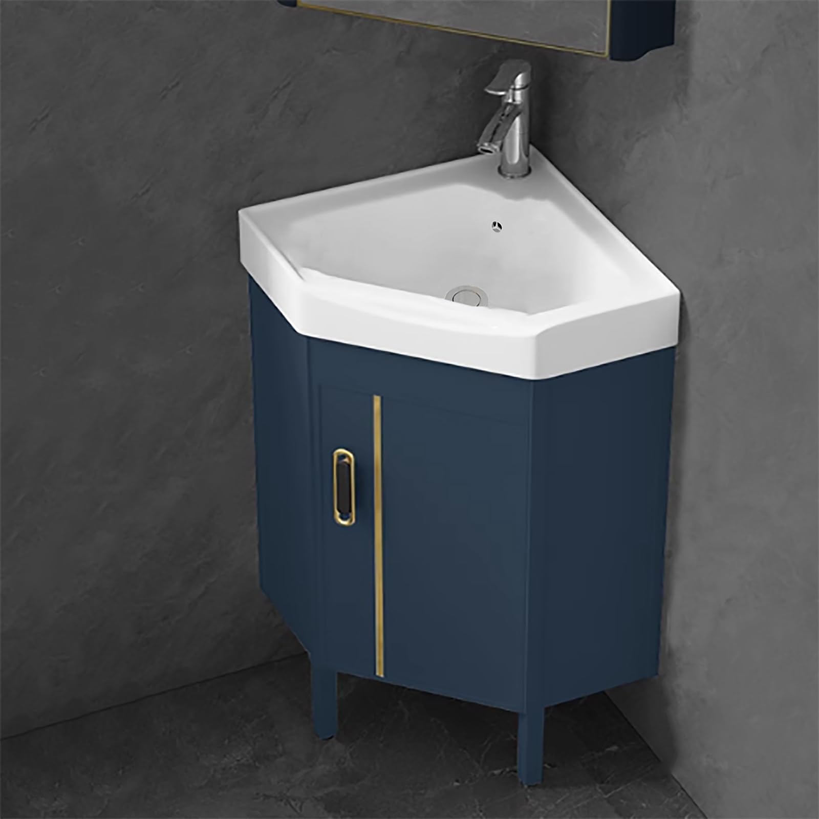 GLJTUO Corner Bathroom Vanity Sink Combo Cabinet Set with Faucet Soft Close Doors for Small Space Floor Mounted Washing Hand Basin Design Ceramic Sink Blue Color 43cm/16.9in,Blue-43cm/16.9in