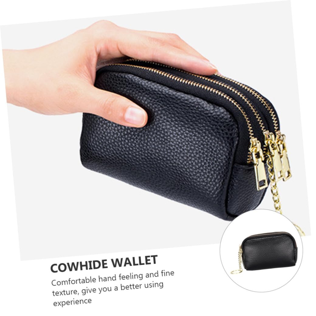 Coin Purse in Vera Pelle Bovina Nero, Mini Portamonete Cerniera, Grande Capacità, Portachiavi, Design a Strati per Donna