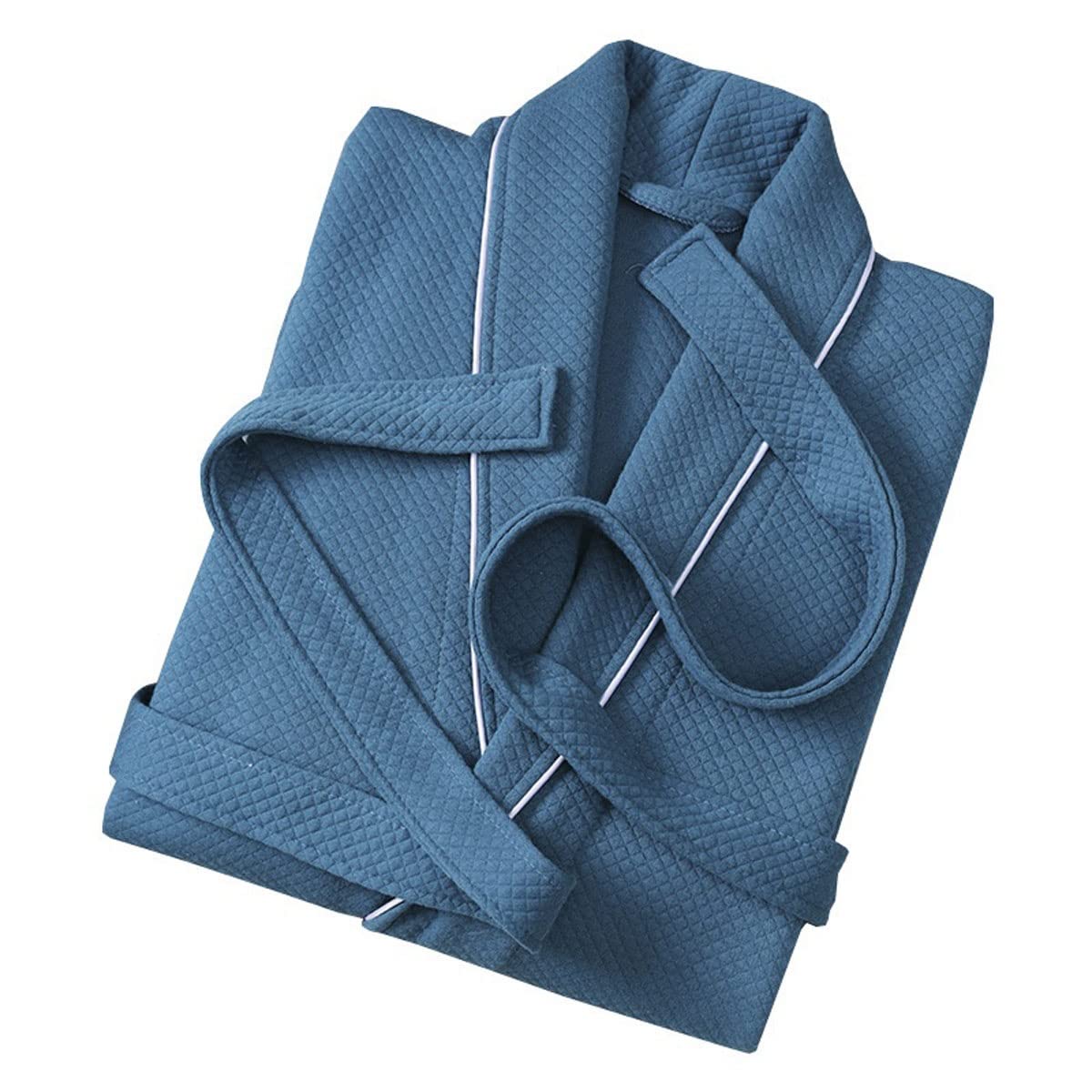 Albornoz de algodón tipo gofre unisex para descanso en casa azul L 8