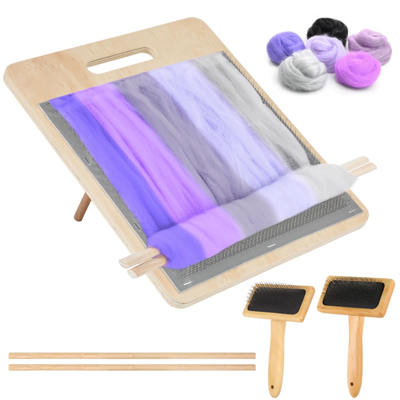 YOFAPA 5 PCS Wool Blending Board Set, Yarn Carding Board with Bent Steel Needles, 2 Sizes Wooden Carding Brushes, 2 Wooden Sticks, Felted Wool Carder for DIY Projects, Wool Comb for Mixing