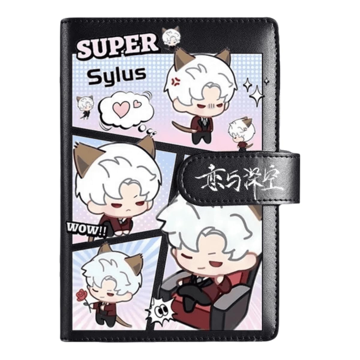 Sylus Love Deepspace Planner Journal - Black A6 PU Leather Binder with 80 Sheets (160 Pages) Grid Lines - Chibi Design for Fitness Daily Plans Fan Gifts - Zouven