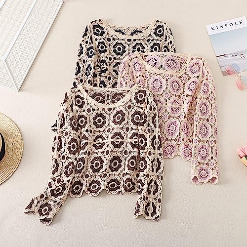Honganda Women's Knit Crochet Cardigan Long Sleeve Floral Embroidery Hollow Out Knitwear Spring Fall Y2K Boho Sweater3