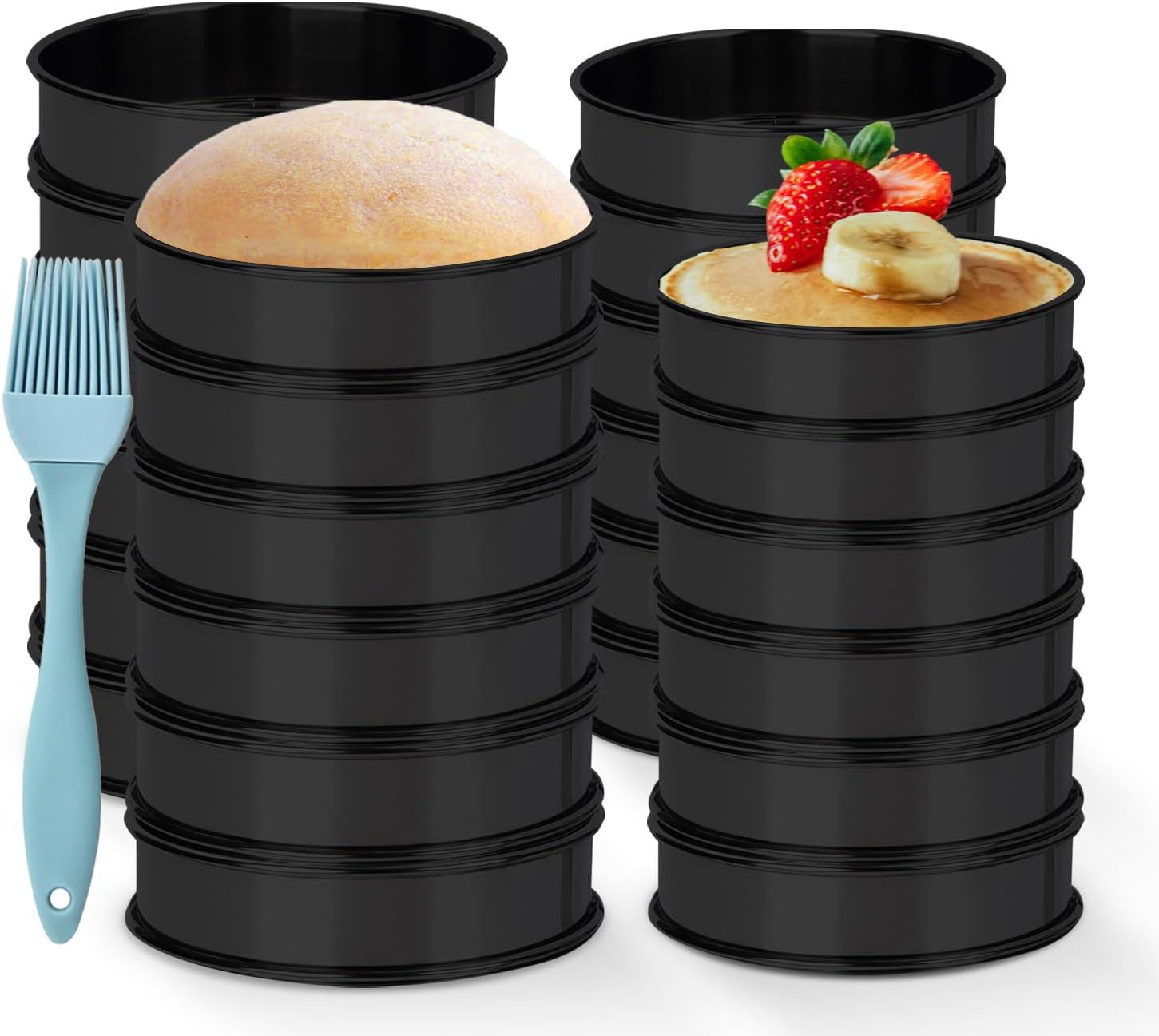 24 Pack English Muffin Rings 4 inch & 3.15 inch Black Crumpet Rings Stainless Steel Double Rolled Tart Ringswith Silicone Oil Brush,Nonstick Metal Round Molds for Baking Cake Dessert Food Making