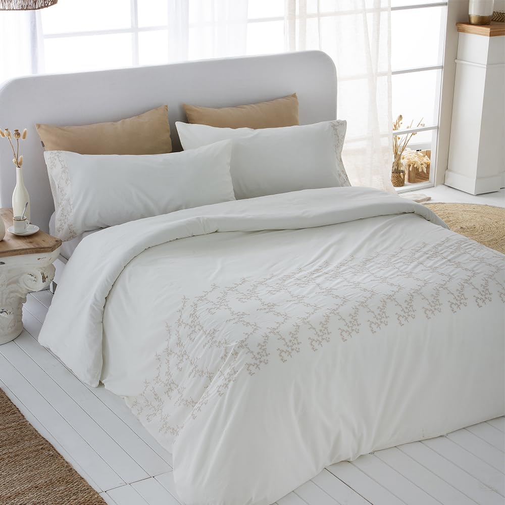 COTTON ARTean Funda Nórdica Cama 150 Percal Algodón 200 Hilos IRATI Beige | Incluye 3 piezas: F. Edredón 240x220 + 2 F.de Almohada Cierre Botones. Certificado OEKO-TEX