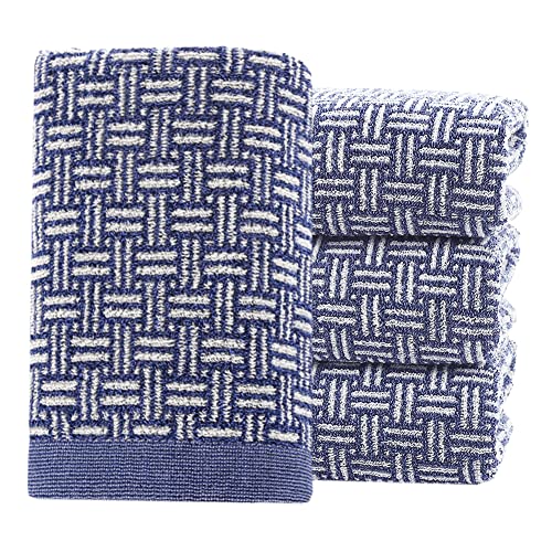 Pidada Hand Towels Set Of 4 Checkered Pattern 100% Cotton Absorbent Soft Decorative Towel For Bathroom 13.4 X 29.1 Inch (Blue) #TOP5