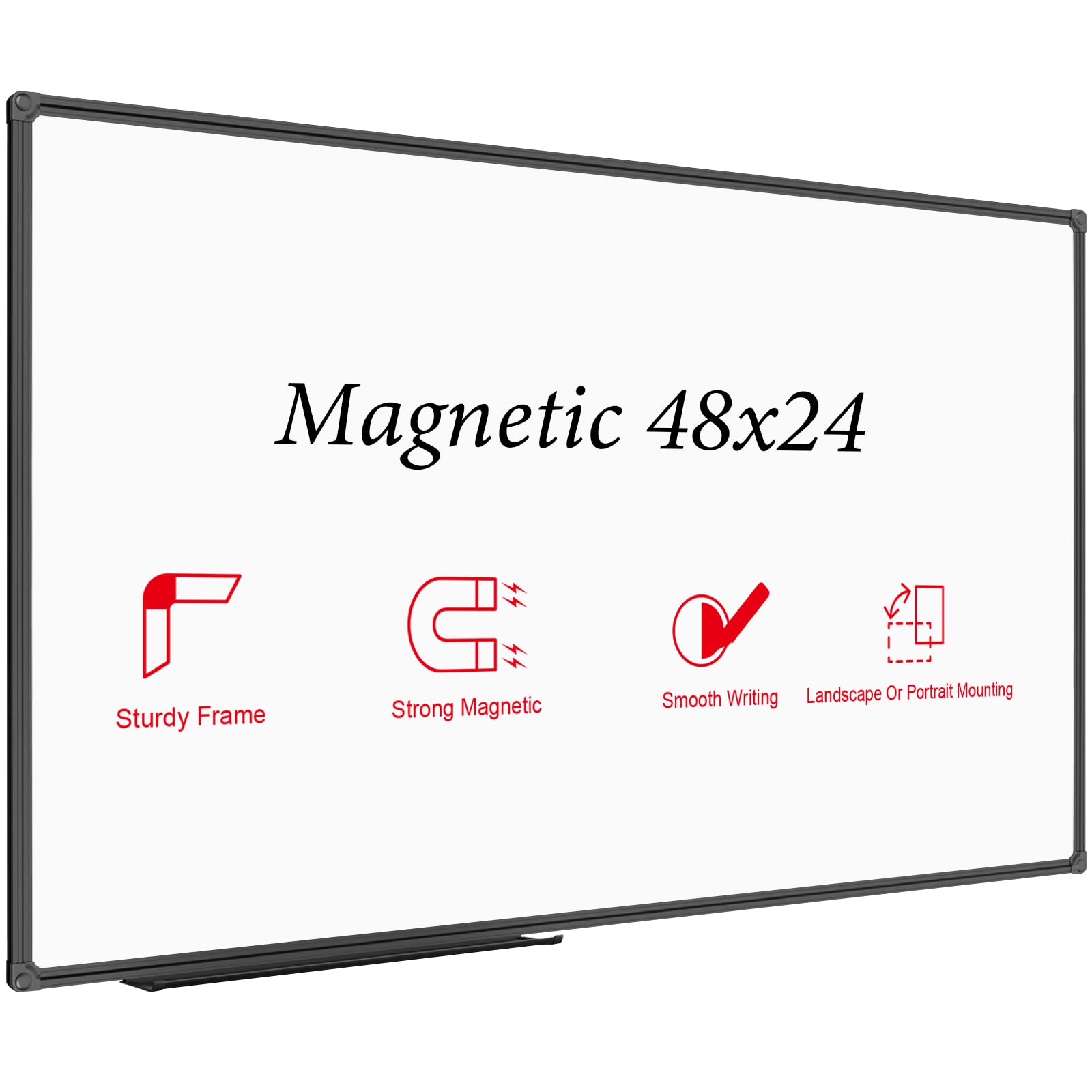 JILoffice Magnetic Whiteboard/White Board, Dry Erase Board 48 x 24 Inch, Black Aluminum Frame Wall Mounted Board for Office Home and School