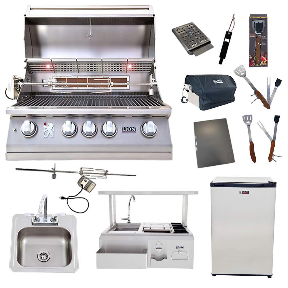 Lion 32-Inch Natural Gas Grill L75000 with 30-Inch Bar Center w/Top Shelf and Refrigerator and Drop-In Sink and 5 in 1 Tool Set Best of Backyard Package Deal by Lion Premium