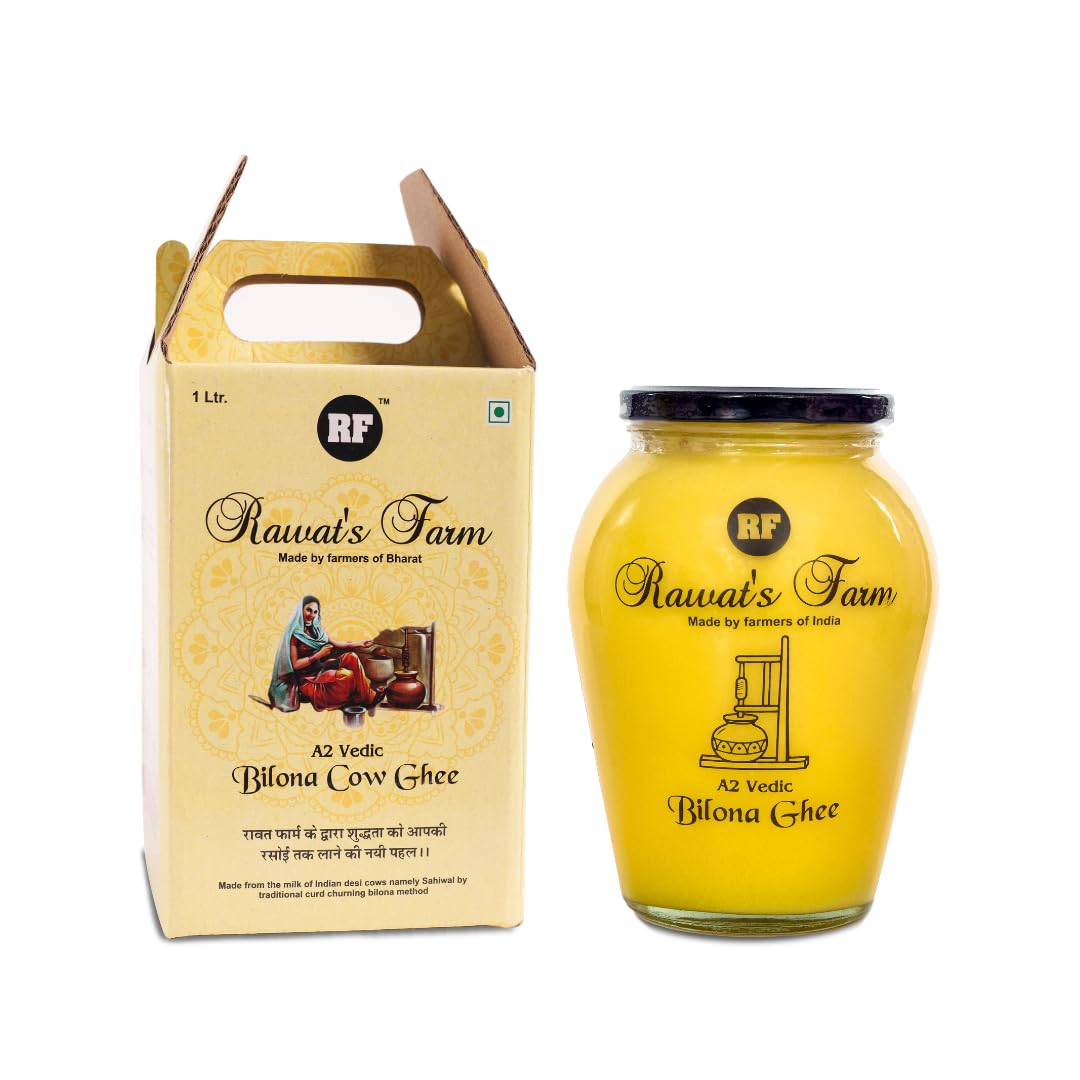 Rawat's Farm A2 Vedic Bilona Cow Ghee 1000 ml | Glass Jar | Curd Churned Bilona Ghee | Government Laboratory Passed | 100% Natural | Immunity Booster | Good for Heart |