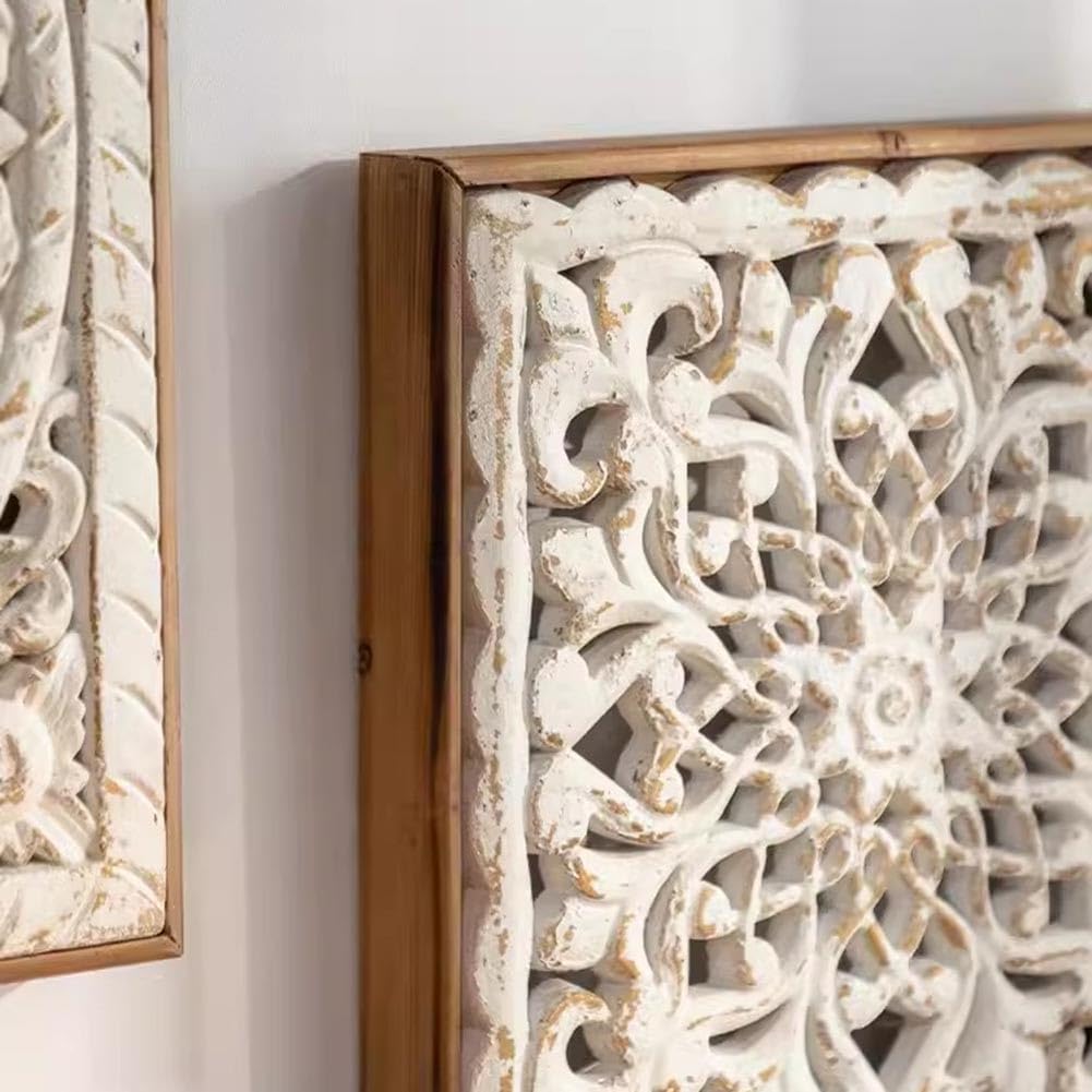 Décoration murale rétro en bois sculpté à la main - Panneau mural en MDF blanc vieilli pour maison, bureau, chalets (blanc-A, 41,5 x 4,5 x 41,5 cm
