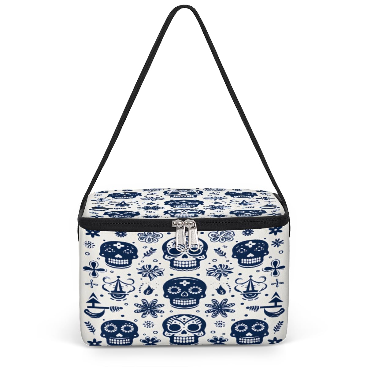GzLeyigou Skull Blue Lunch Bags for Women Men 9 Cans, Hot & Cold Food Delivery Bag Insulated Grocery Bag Insulated Lunch Box Sugar Skull Cooler Bag for Office Work Picnic Beach