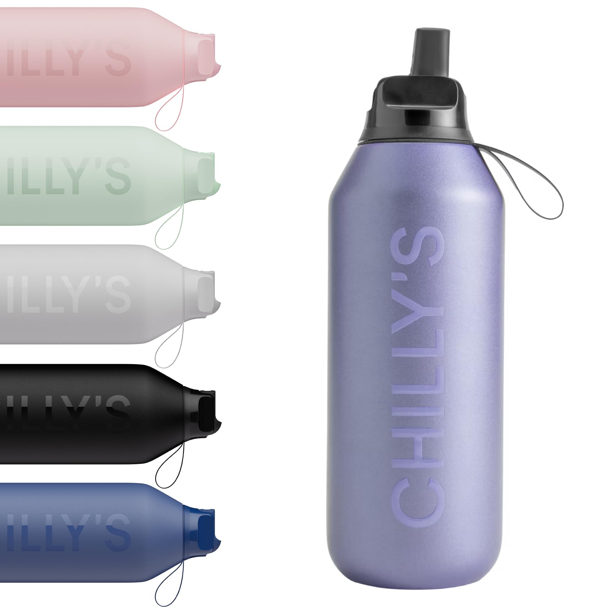 Chilly's Series 2 Flip Water Bottle with Sports Lid, Vacuum Insulated Stainless Steel Water Bottle with Straw, Carry Loop