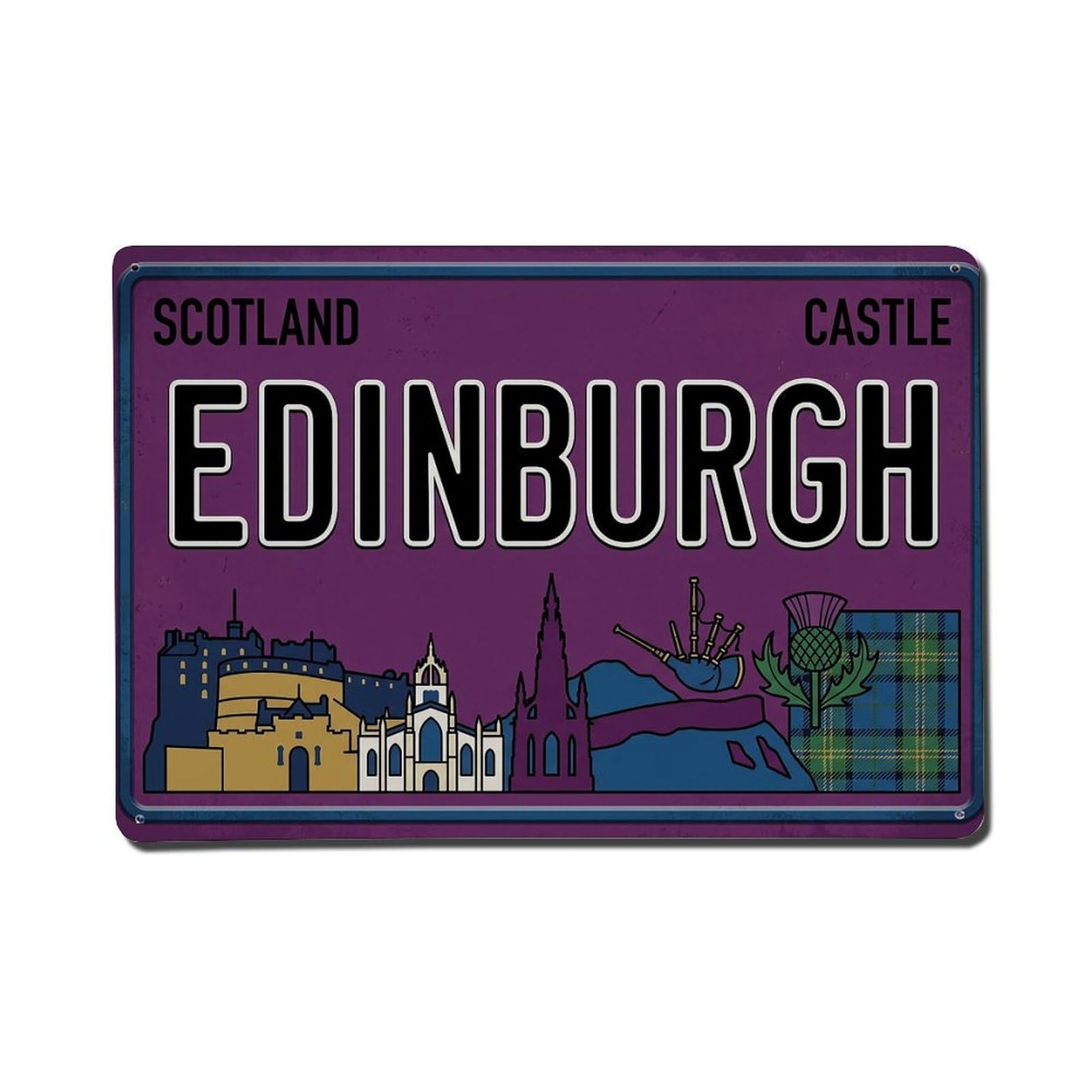Vintage Travel Edinburgh Scotland Castle Bagpipes Metal Tin Sign Plaque Wall Decor for Cafe, Club Bar, Office, Garden Metal Poster 8x12Inch