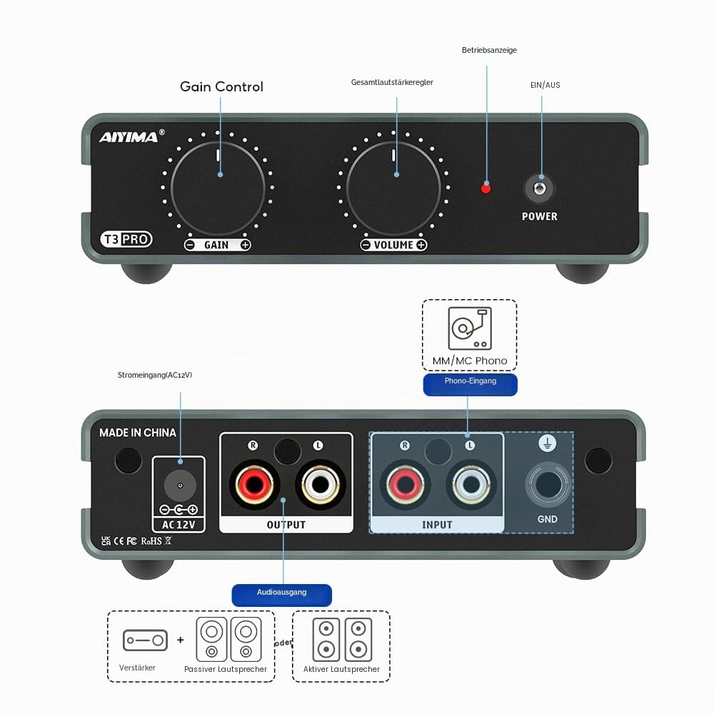 AIYIMA T3PRO MM/MC RIAA Phono-Vorverstärker für Plattenspieler/Schallplattenspieler/Heimverstärker, professioneller Phonographen-Vorverstärker mit Verstärkungs- und Lautstärkeregelung und AC-Netzteil