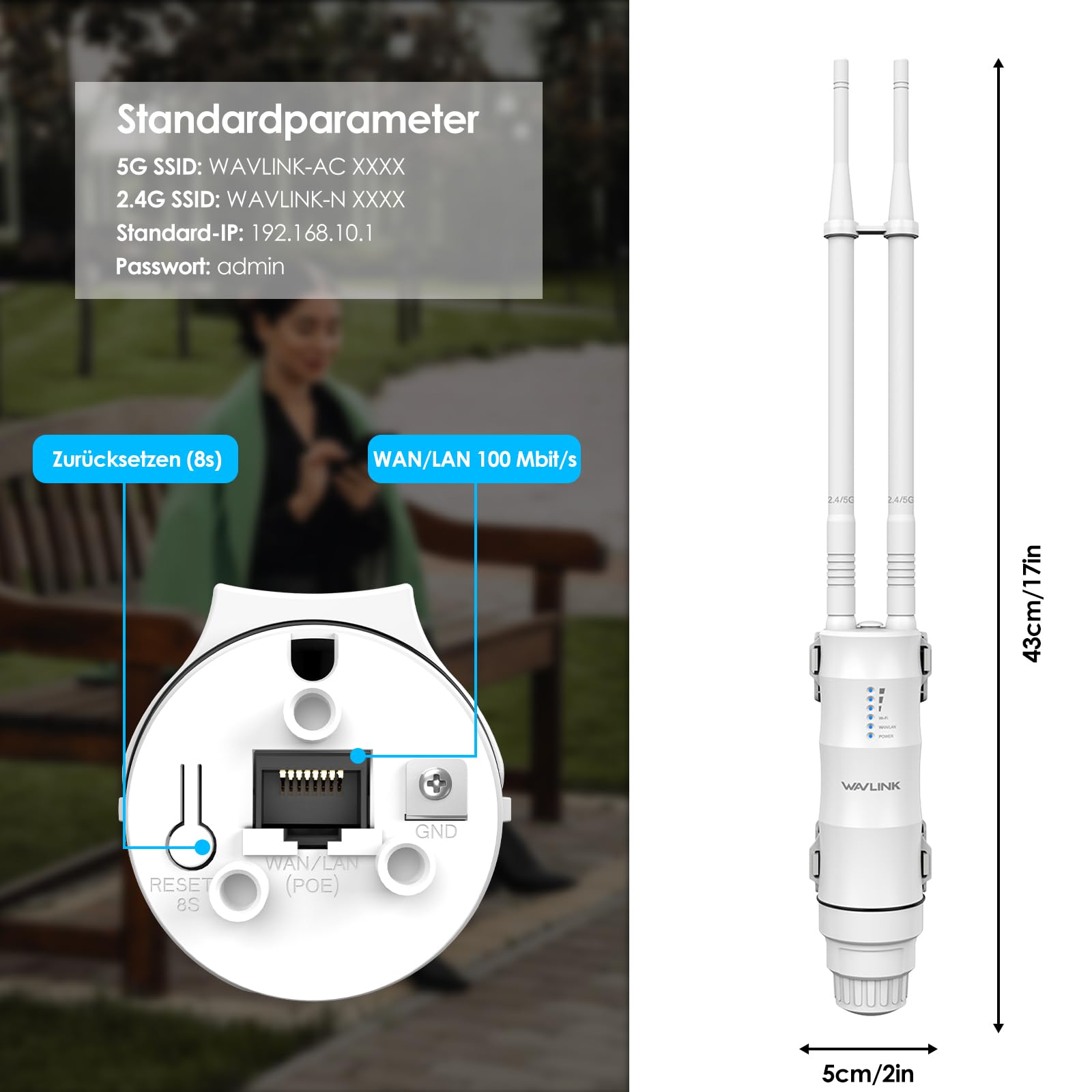 WAVLINK AC1200 Outdoor WLAN Repeater, wetterfester 1200Mbit/s WLAN Access Point/Verstärker unterstützt Passive/Active PoE, AP/Router/Repeater Modi, 100Mbit/s WAN/LAN, WPA2, EU-Netzteil