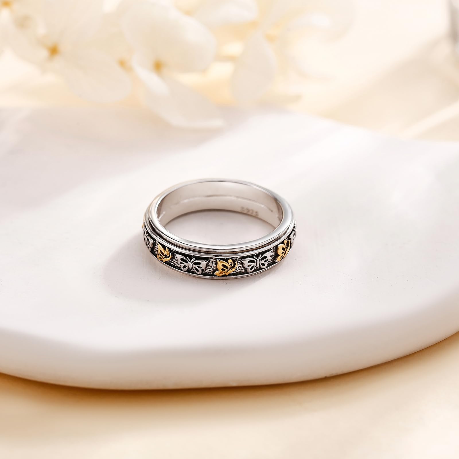 POPLYKE Sonnenblume/Schmetterling/Gold Sonnenblumen Ringe 925 Sterling Silber Angst Relief Spinner Statement Ringe Schmuck für Ihre Frauen