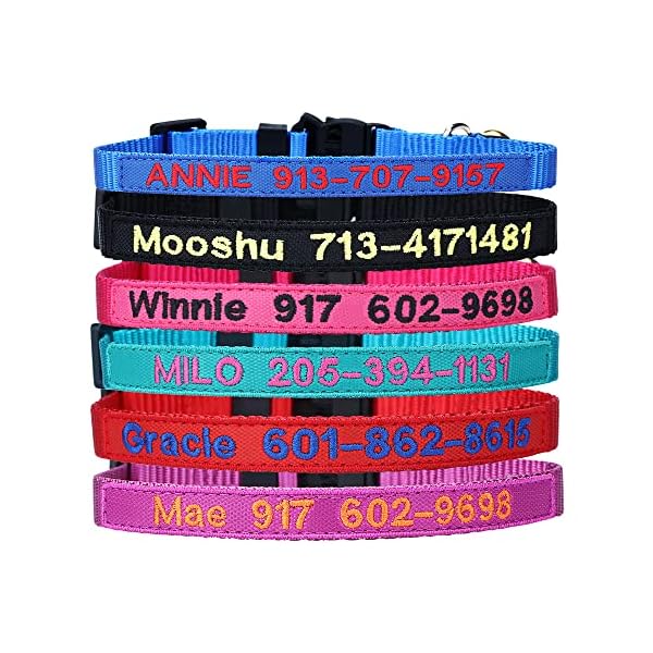 Personalized nylon cat collar breakaway with bell - custom embroidered text id collars with pet name and phone number