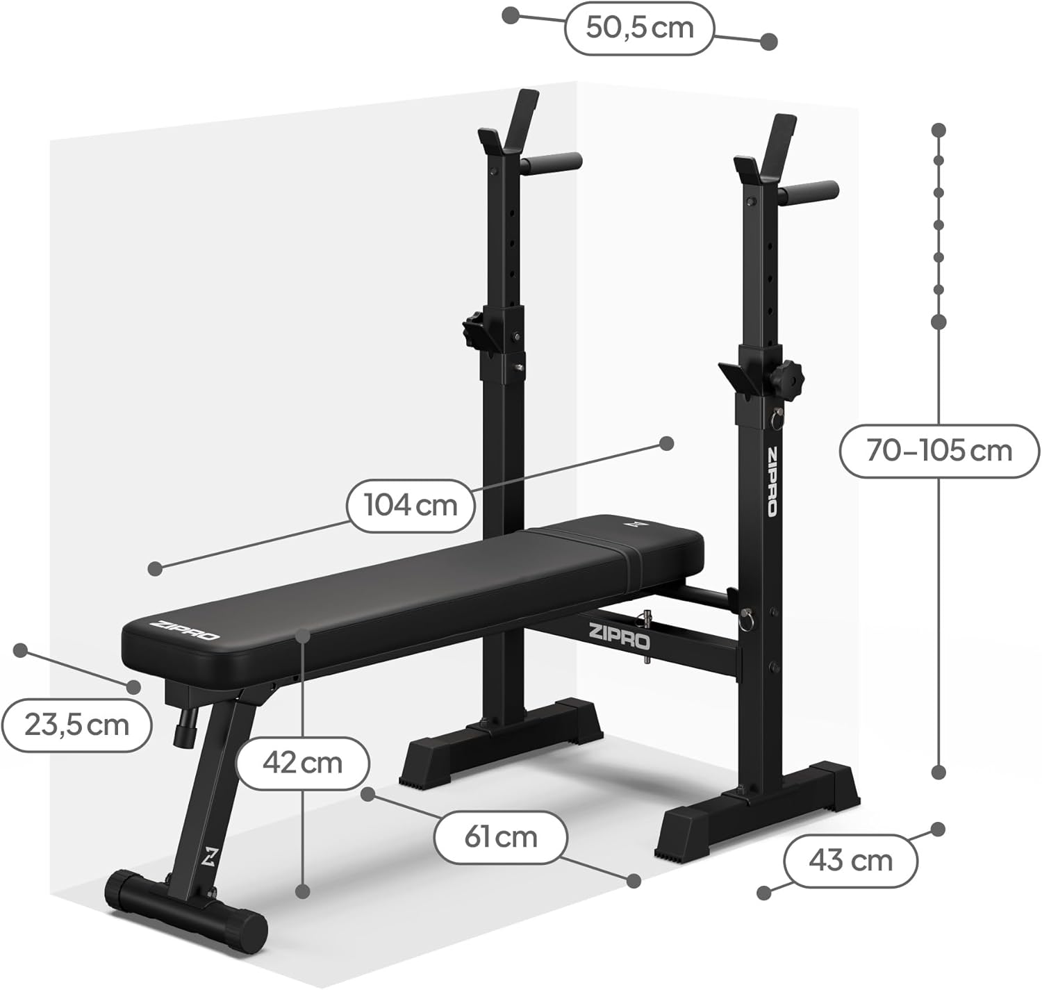 Diagram showing the unfolded dimensions and adjustable height range of the ZIPRO weight bench