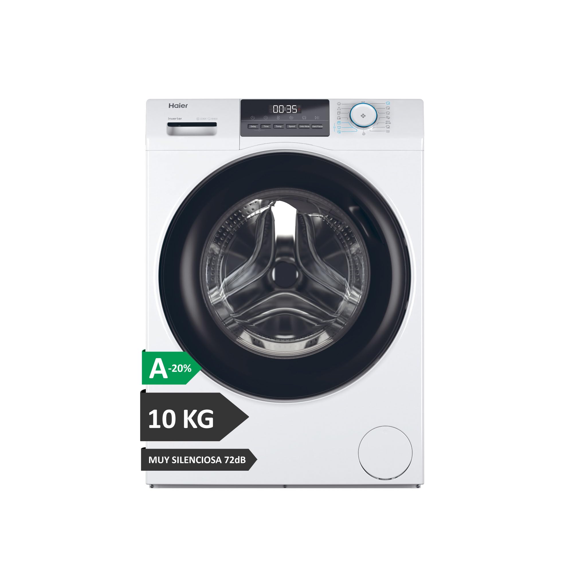 Haier I-Pro Series 1 HW100-BP14929A-S - Lavadora Carga Frontal 10KG, Clase A-20%, Función Vapor, Motor Inverter, 1400 RPM, Fin Diferido, Libre instalación, Detector Automático KG, 15 Programas, Blanco Etiqueta Energética