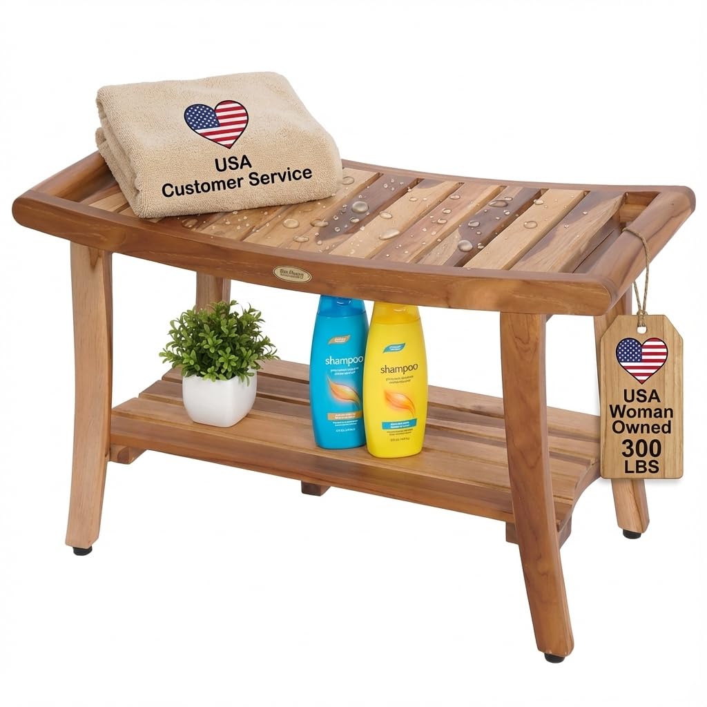 EcoDecors Harmony Natural Teak Wood Shower Bench With Shelf And LiftAide Arms In Earthy Teak Shower Bench With Shelf And Liftaide Arms In Earthyteak Finish