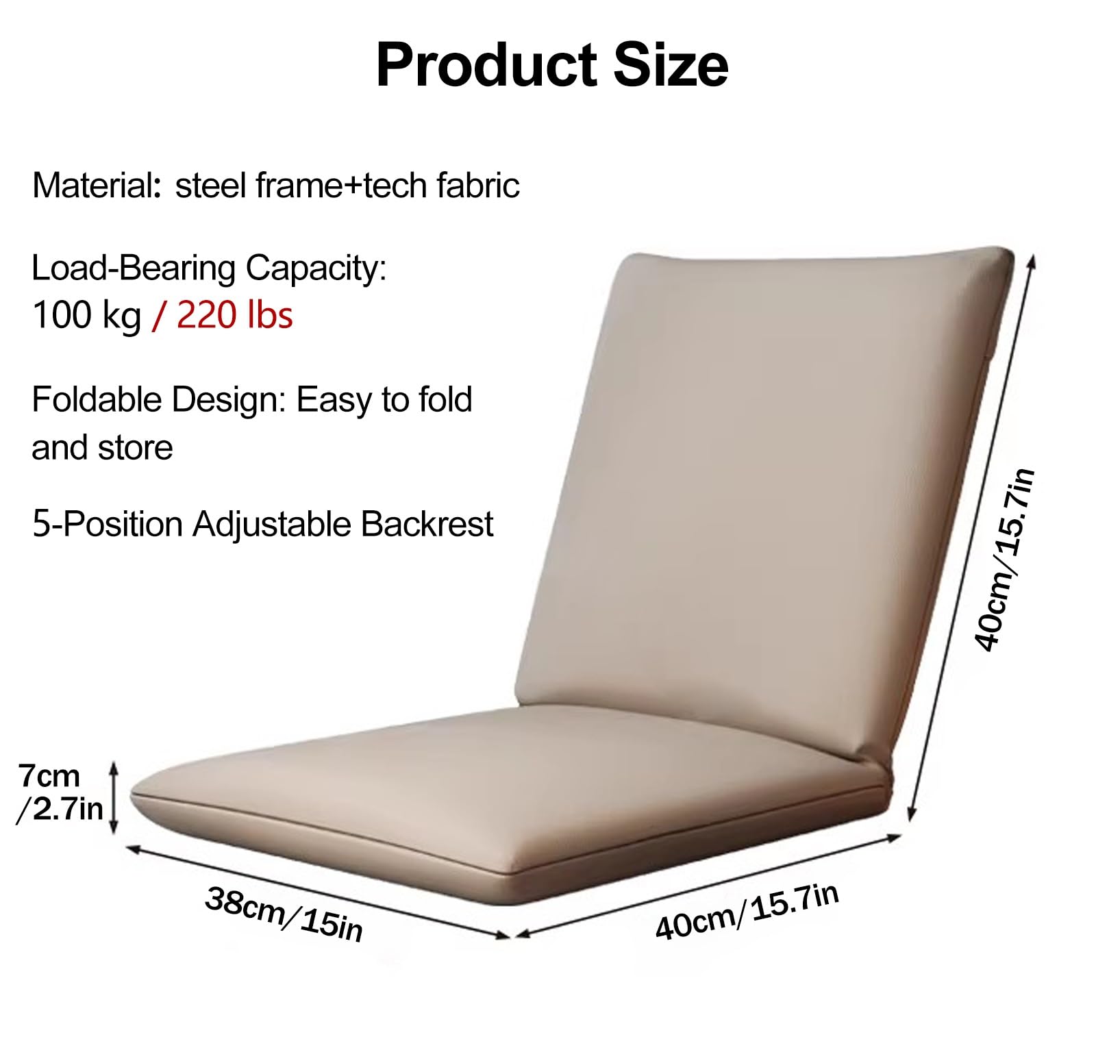 Genérico Silla de Suelo con Respaldo Ajustable, cojín ergonómico y cómodo para meditación/Asiento/Almohada de Suelo, Tumbona reclinable Tatami Plegable para Yoga, Lectura y Videojuegos (neg