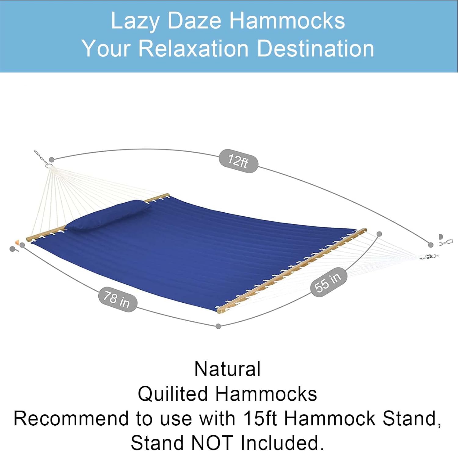 Lazy Daze 12 FT Double Quilted Fabric Hammock with Spreader Bars and Detachable Pillow, 2 Person Hammock for Outdoor Patio Backyard Poolside, 450 LBS Weight Capacity, Navy Blue : Patio, Lawn & Garden