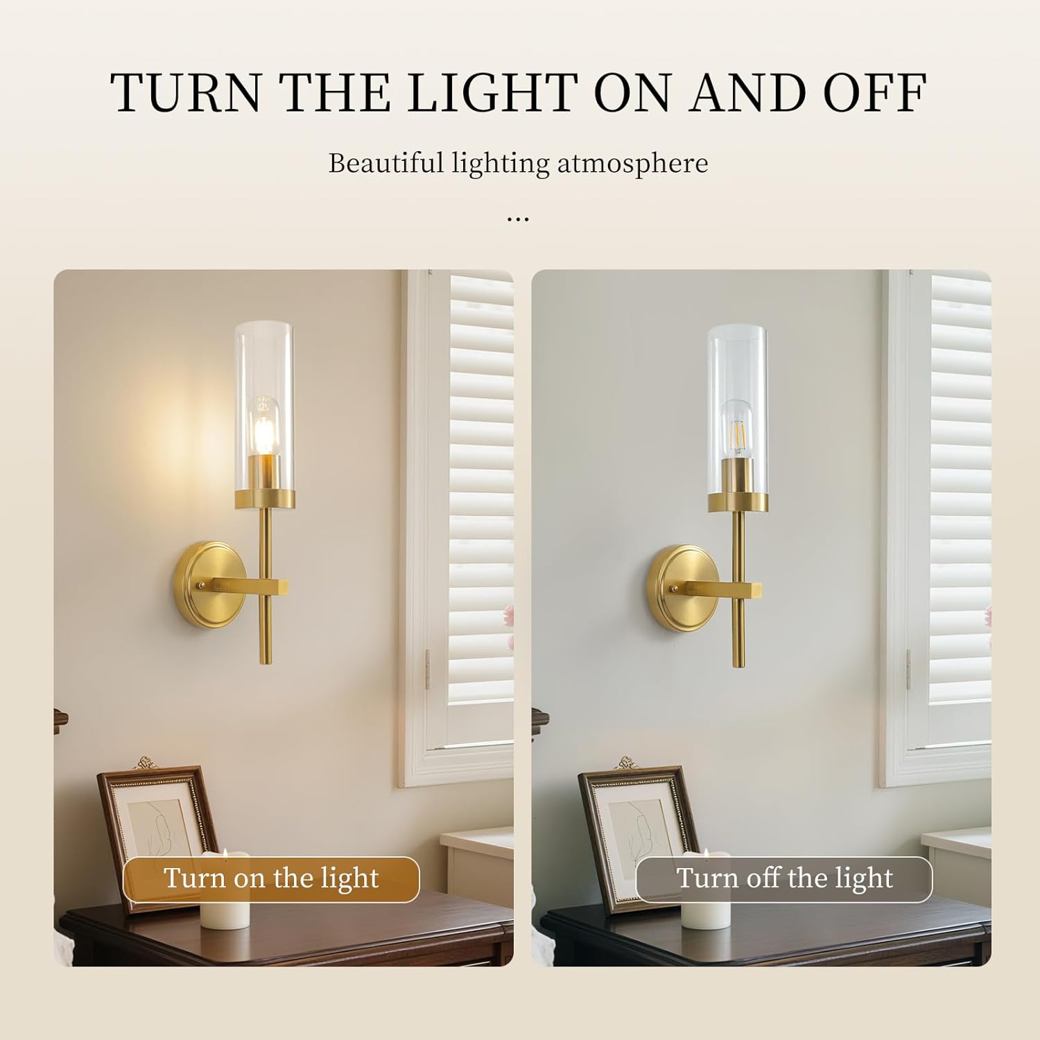 HOREVO Single Acrylic Wall Sconce - Solid Brass Finish Vanity & Bedside Lamp, Modern Hardwired Light Fixture for Bathroom, Bedroom, Hallway, E27/E26 Compatible (Bulb Excluded)