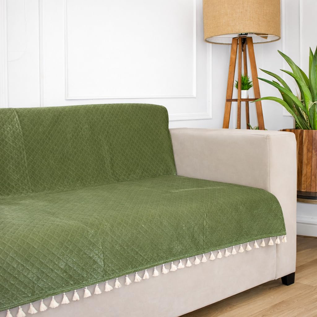 STITCHNEST 'Maison Plush Series' Quilted Velvet Sofa Cover 1 Seater Fully Covered | Premium Soft Fabric, Washable & Fade Resistant | Olive Sofa Protector with Tassels | Size 24x60 Inch