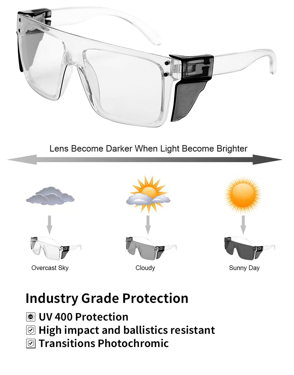 UV400 przejściowe fotochromowe okulary ochronne od jasnej do ciemnoszarej soczewki ANSI Z87 zatwierdzone