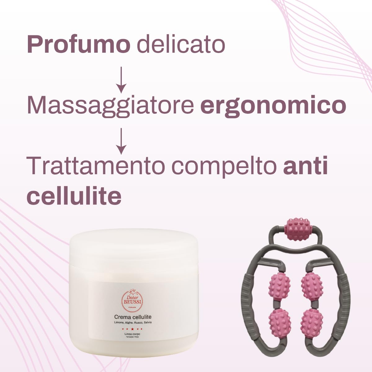 Kit Cellulite – Crema Anticellulite e Massaggiatore Ergonomico Manuale – Trattamento Drenante e Tonificante con Estratti Naturali di Limone, Alga, Rusco e Salvia – Effetto Rimodellante