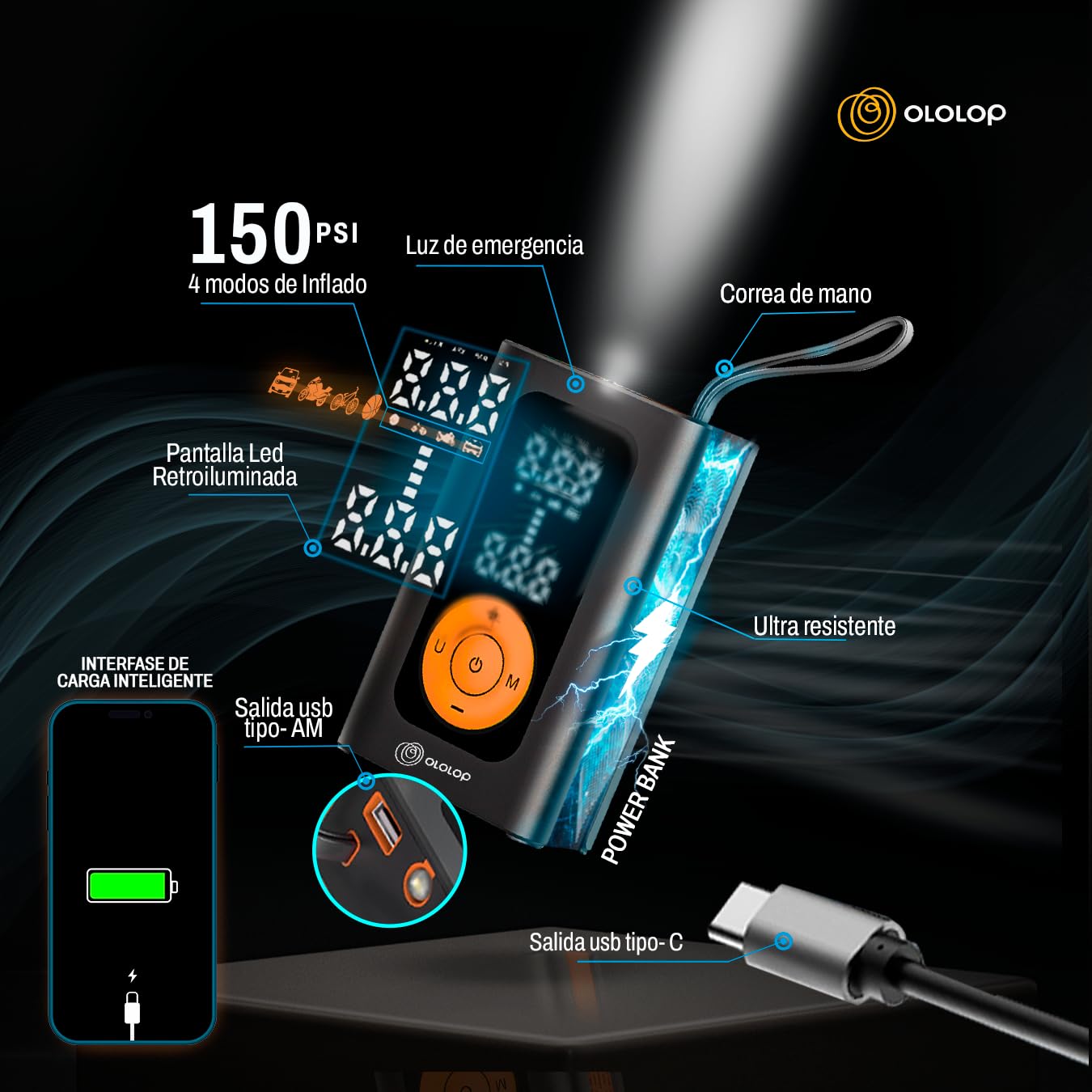 Super compressore d'aria portatile Premium con torcia | Gonfiatore ruote auto + guida per portare la tua famiglia in sicurezza | Gonfiatore elettrico | Gonfiatore elettrico | Batteria di