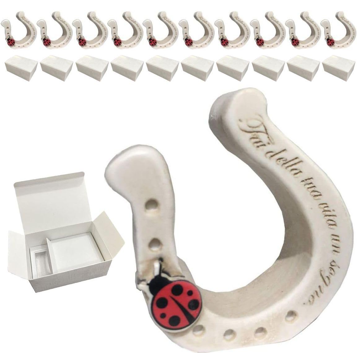 Regalami.Shop 10 Bomboniere Ferro di Cavallo in Marmo di Carrara Patinato + 10 Scatole, 10 bigliettini Bianchi e 10 portaconfetti, Ideali per Tutte Le Cerimonie