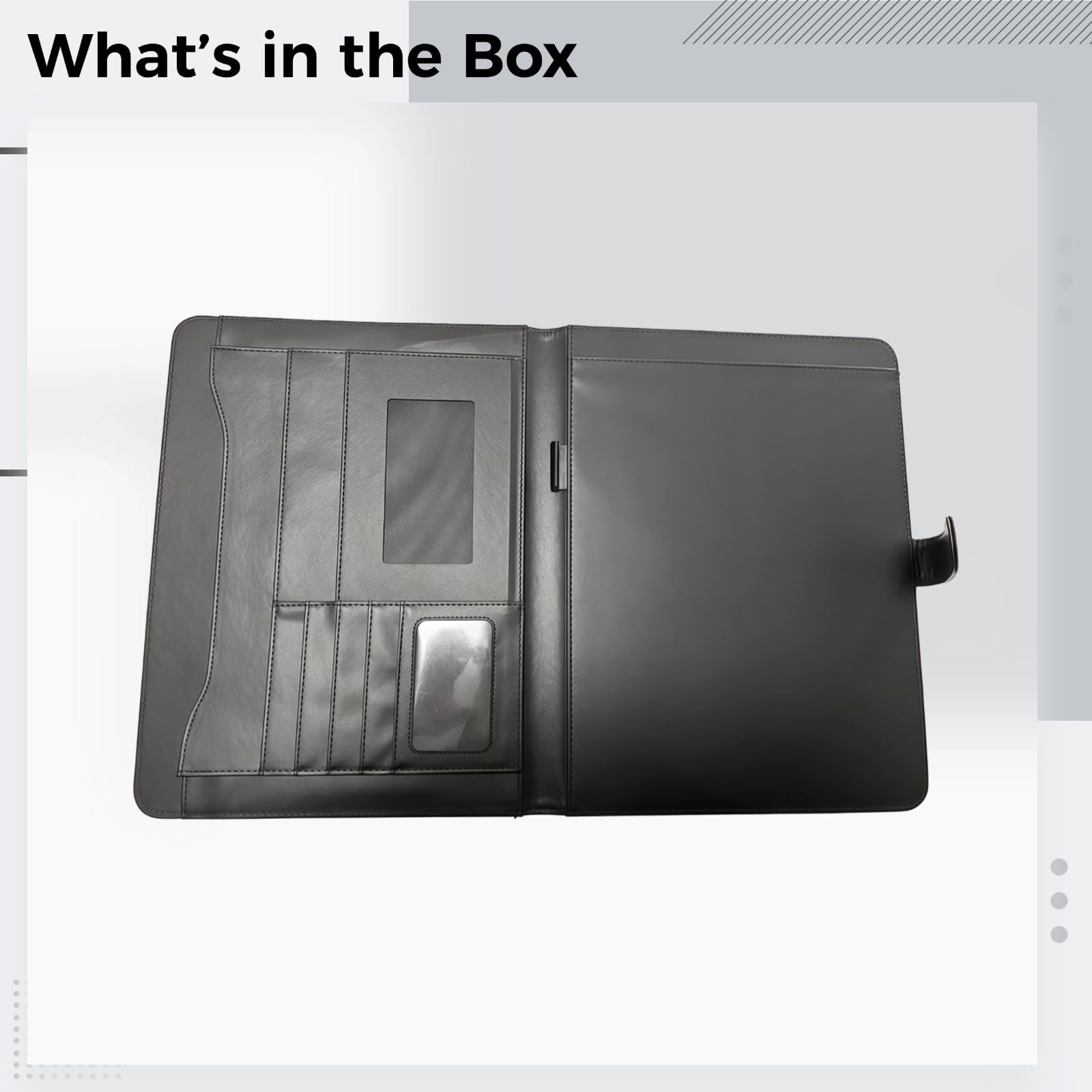 Portfolio biznesowe dla mężczyzn, czarna skóra PU Padfolio z podkładką zaciskową, format A4 i litery, przegródki na karty i przegródka na kalkulator, do biura, na prezenty i organizację dokumentów