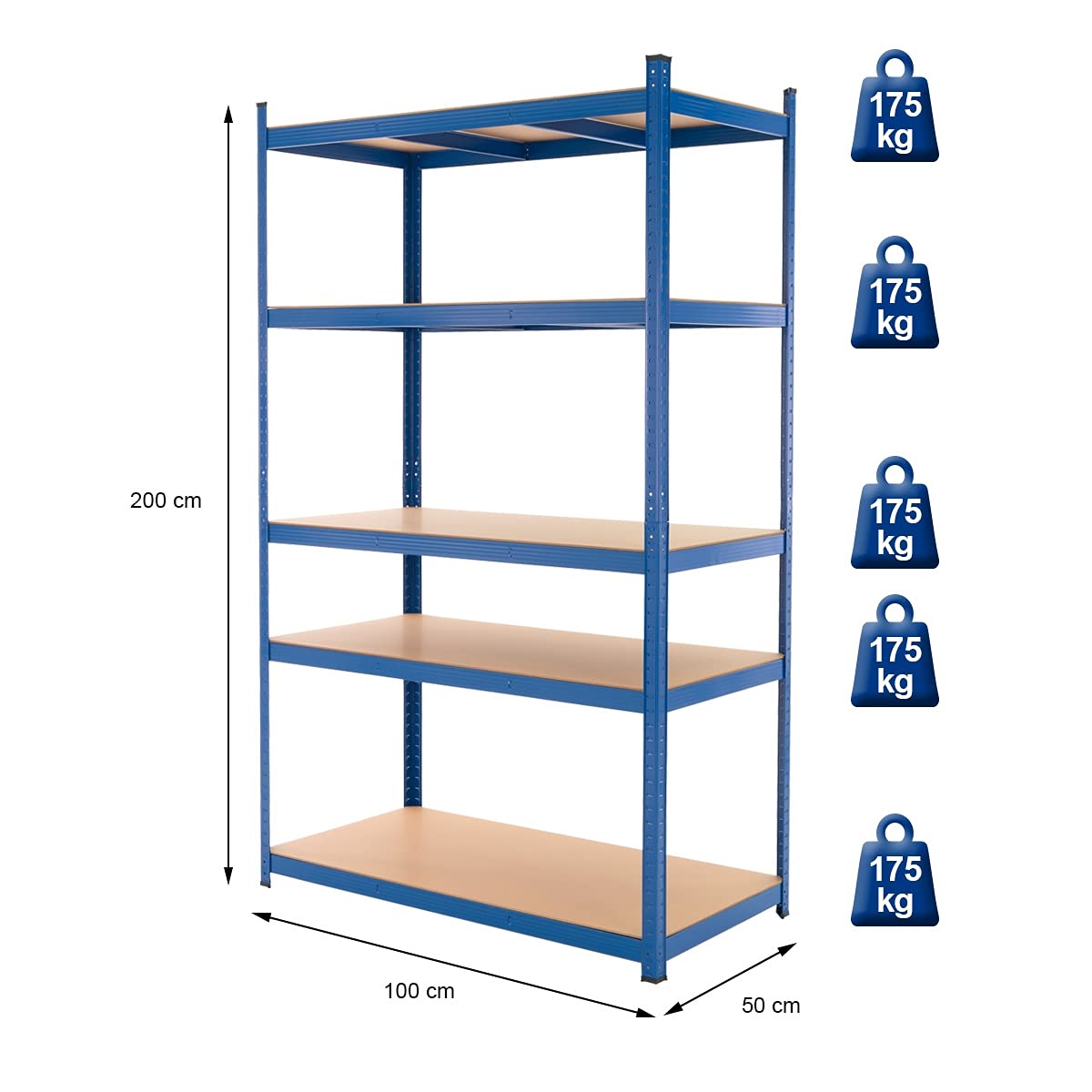 ECD Germany Juego De 2 Estanterías Para Cargas Pesadas 200x100x50 cm De Metal Recubierto De Polvo Azul Con 5 Estantes De Madera MDF Cargable Hasta 875kg Montaje Sin Tornillos Banco De Trabajo Taller