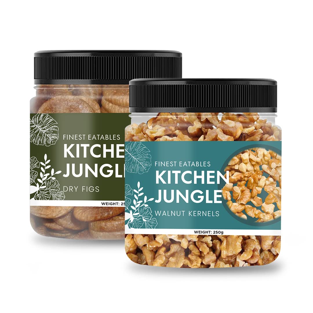 Kitchen Jungle (Dry Figs Anjeer + Walnut kernels 8pc broken) 250gm Each Jar
