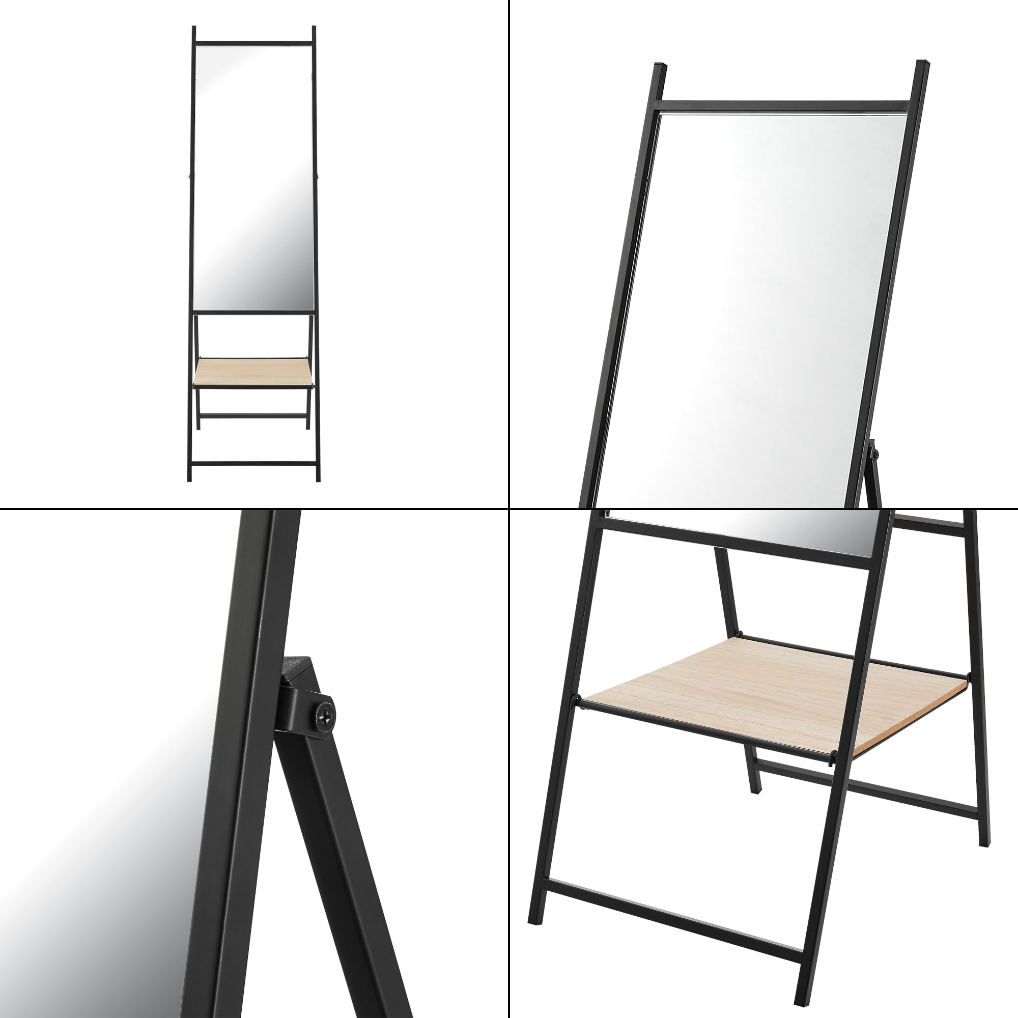 [en.casa] Espejo de Pie Cuerpo Entero con 1 Estante de Color Roble Rectangular Plegable con Pata Ajustable Práctico para Baño Metal MDF 150 x 44 x 60 cm - Negro