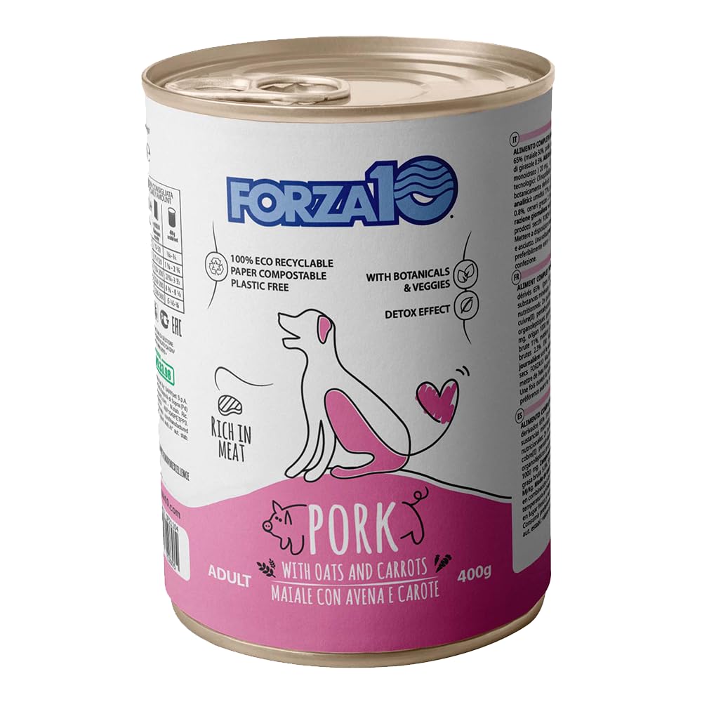Maiale,Avena e Carote – Forza10 Cibo Umido per Cani Adulti di tutte le Taglie e Razze, Monoproteico, 12 Lattine x 400g, Alimento Completo Ricco in Carne.