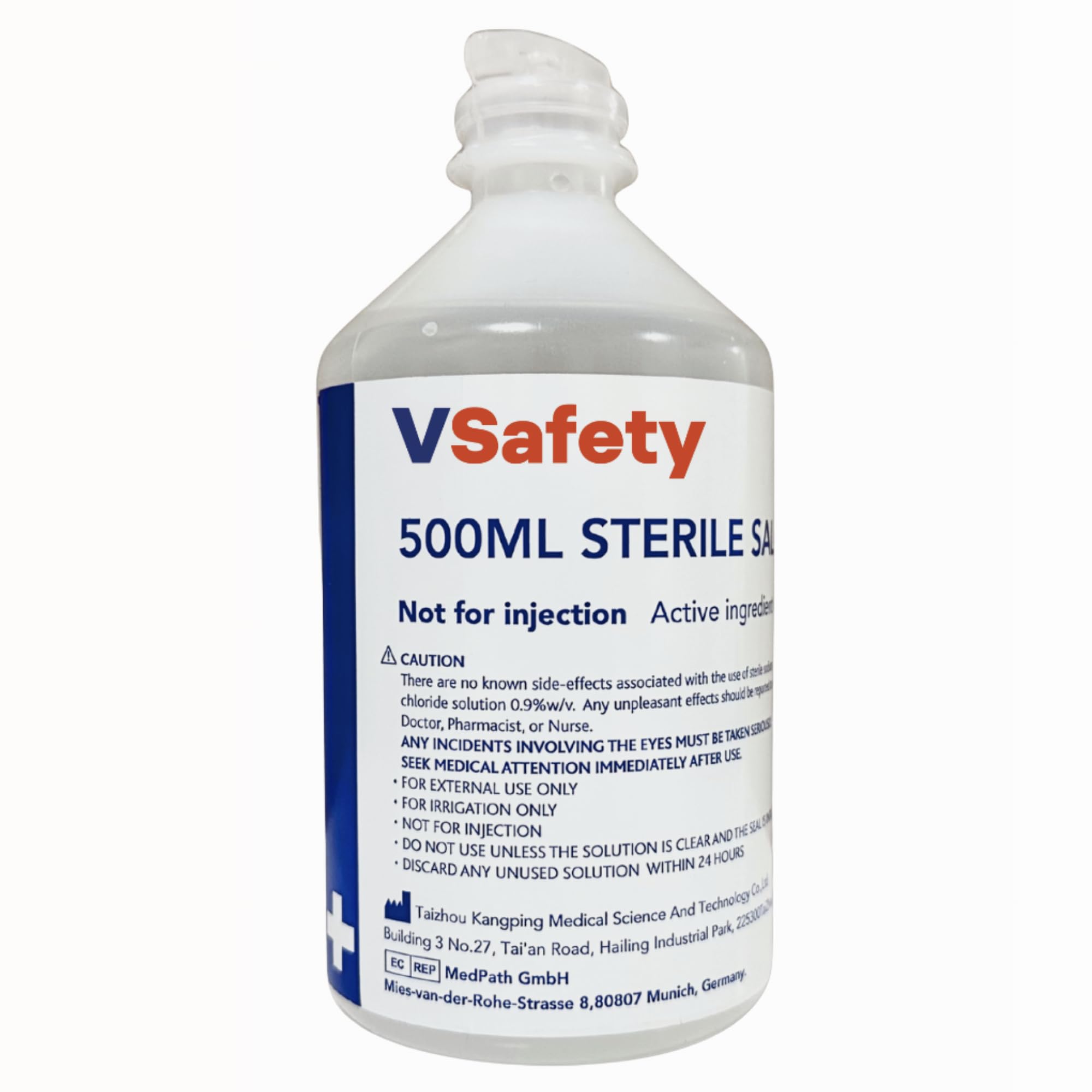 V Safety 500ml Sterile Saline Eye Wash Bottle – 0.9% Sodium Chloride Solution – for Rinsing Eyes, Dust & Debris – Single Use – No Eye Cup