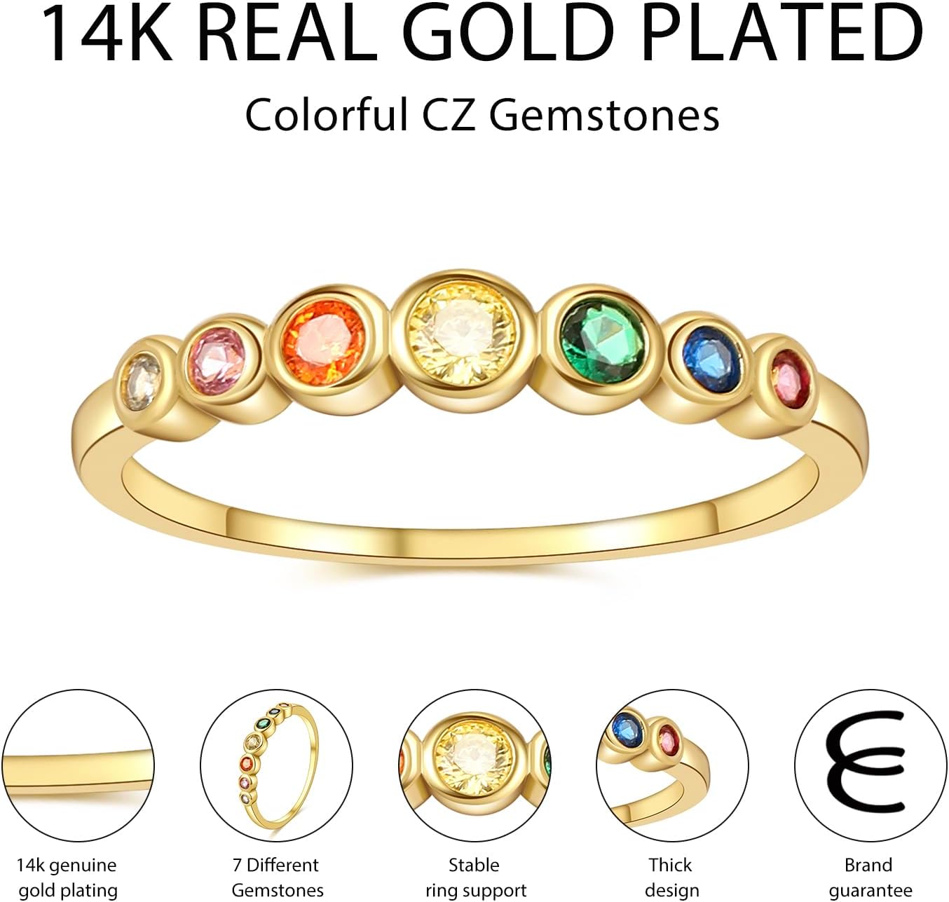 E Gold Rings for Women, 14K Gold Plated Rainbow Band Rings Eternity Thumb Rings Wedding Round Cubic Zirconia CZ Rings Dainty Colorful Rings Jewelry Gifts for Her
