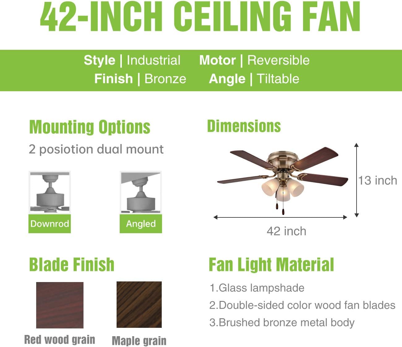 Exсluѕіvе Dіѕсоunt 70% Prісе Fansose Indoor Ceiling Fan,Industrial Ceiling Fan with E26 Light,Fan Lights Pull Switch,42-inch Fan Light for Bedroom and Dining Room,Wood Fan Blades,Brushed Bronze Reversible Motor ELT Test.