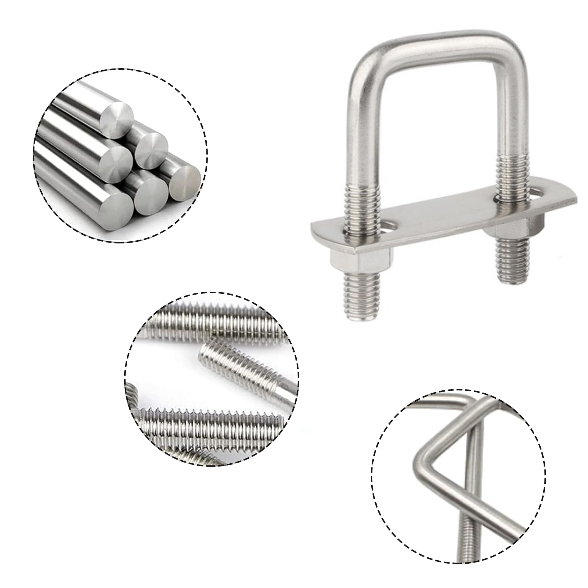 4 pernos en U de 65 mm x 80 mm, acero inoxidable M8, tornillos en U con rosca con 4 contraplacas y 8 tuercas, abrazadera de planchado, pernos para remolcar coches, barcos, reparación de tuberías