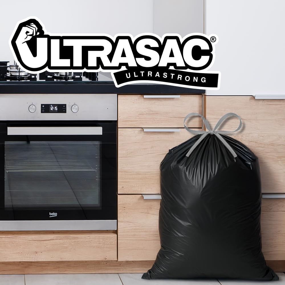 Ultrasac Bolsas de basura negras con cordón de 18 galones, 1.1 mil, 25 x 33 pulgadas, paquete de 144 unidades, para el hogar, cocina, servicios de alimentos y comerciales