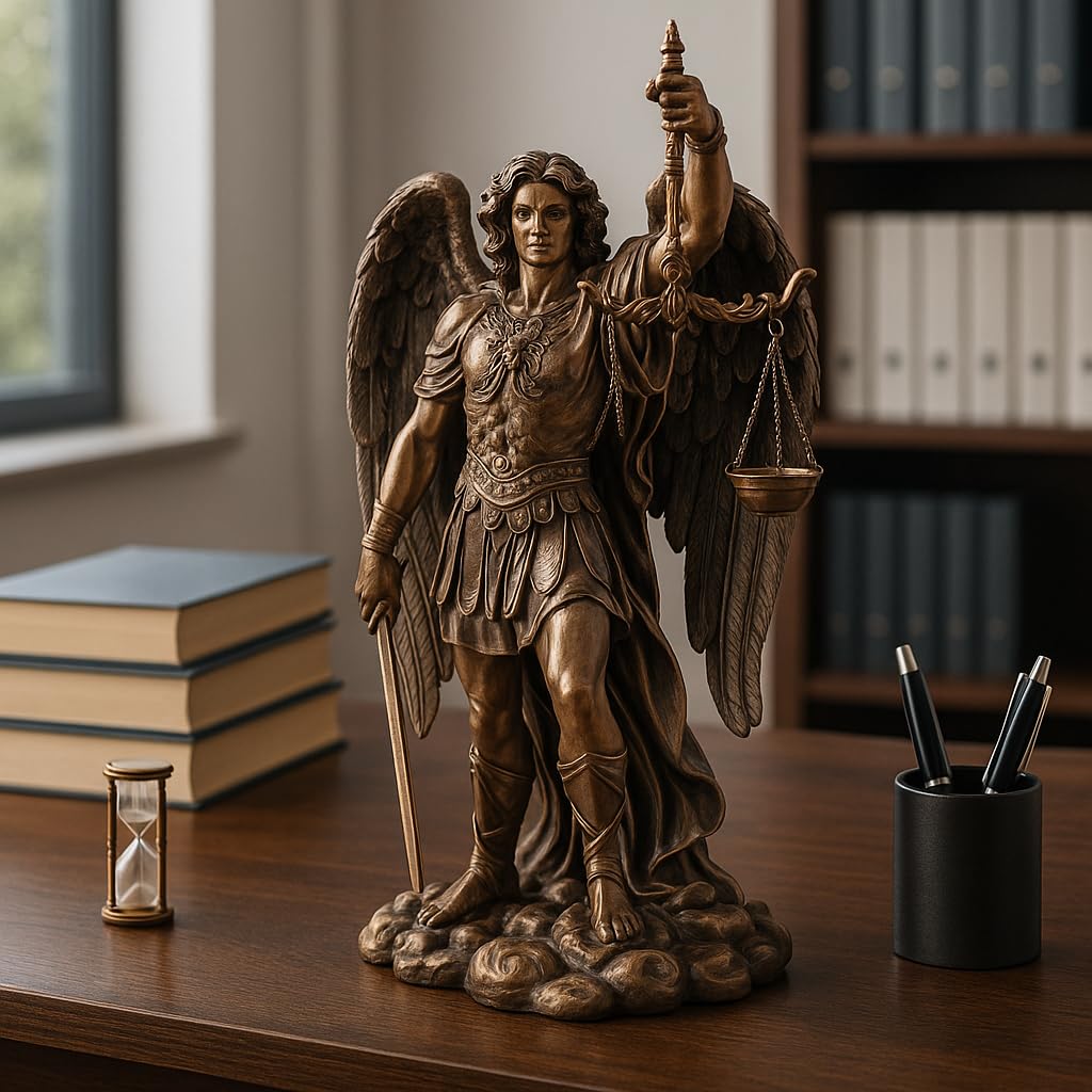 Figura Decorativa Religiosa, Arcangel San Miguel con Espada y Balanza, Resina Efecto Bronce Antiguo, Escultura Angeles Guardianes, 28 cm