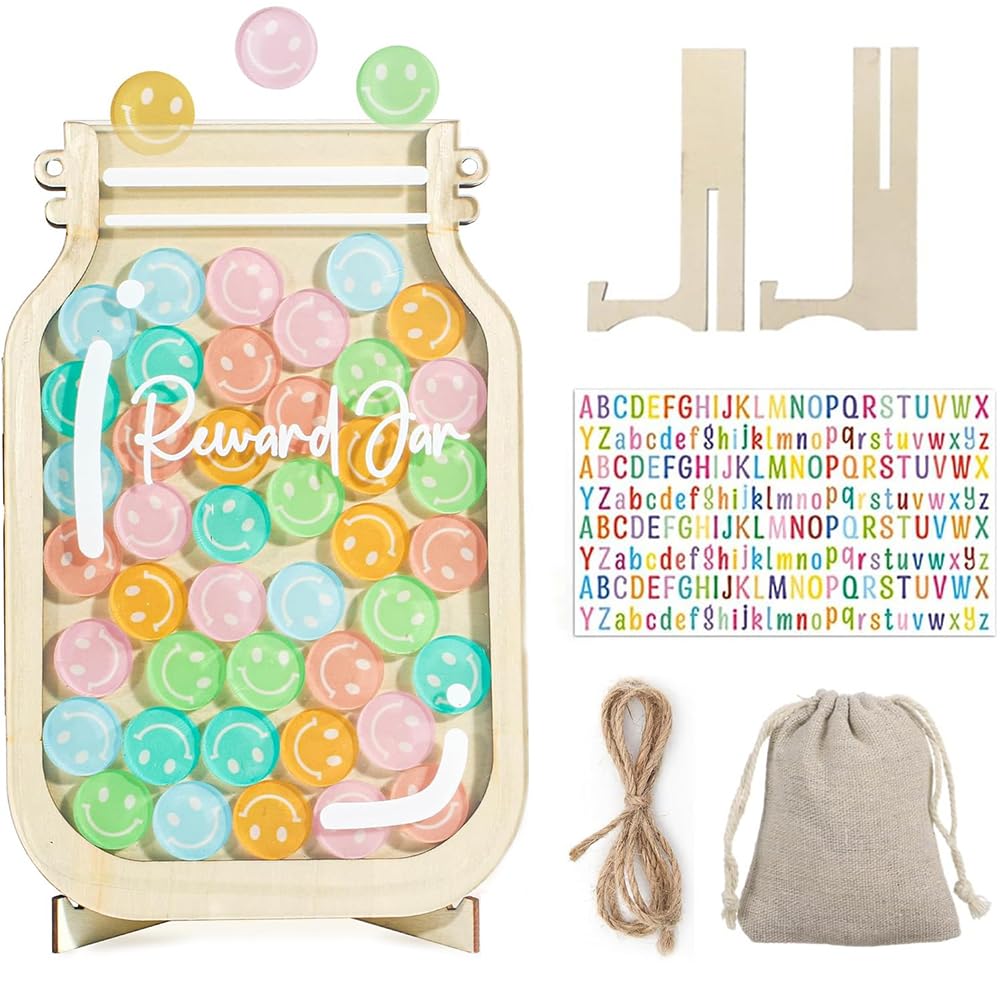MSLSOZ Smiling face reward jar, with hanging rope and bracket, children's behavior reward chart, motivating good behavior, children's home school classroom training tool reward board.