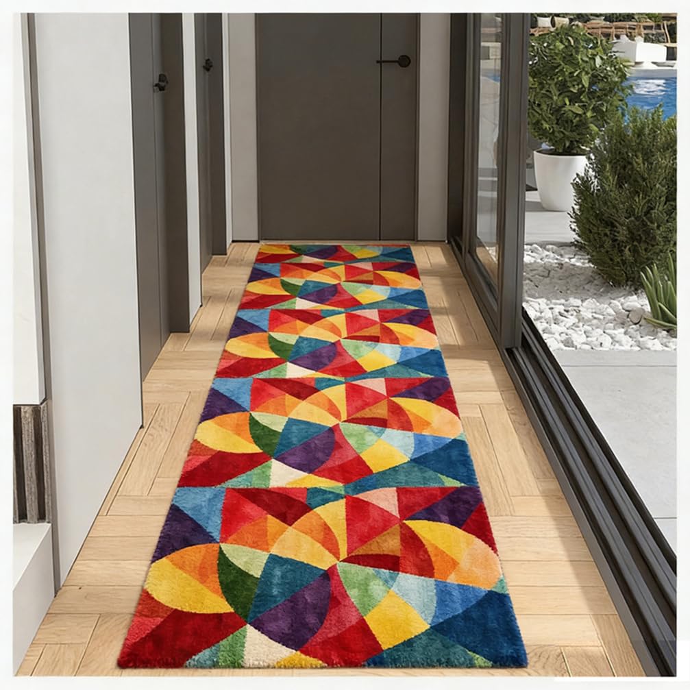 Tapis de Couloir Long 80x300 cm Moderne Antidérapant Lavable en Machine Tapis de Passage Géométrique Multicolore Doux pour Cuisine Entrée Salon Bureau Buanderie Salle de Bain