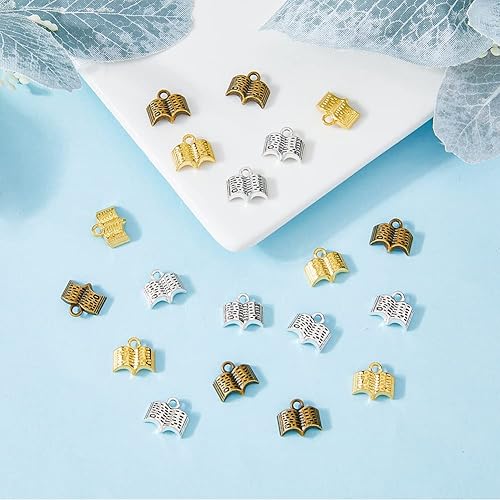 Miniatura 5 de DICOSMETIC 150 dijes de libros de 3 colores, de aleación, con temática escolar, 3D, dijes de la Biblia sagrada, bronceador dorado antiguo y plata,