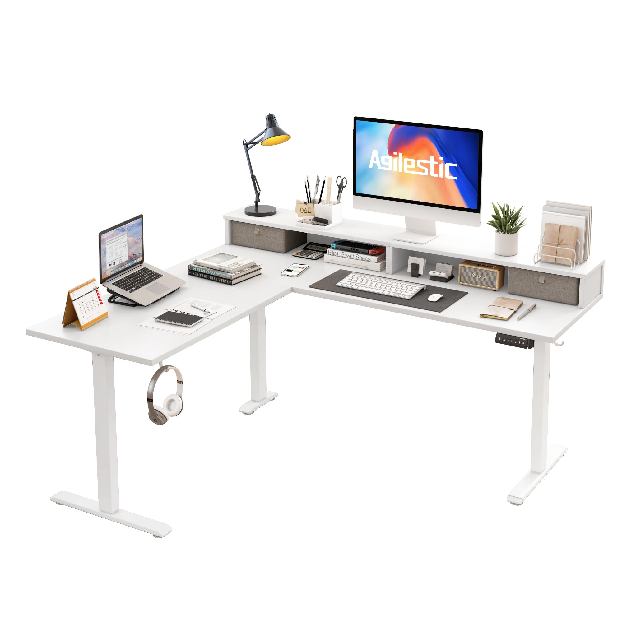 Agilestic Escritorio Forma L con 2 Cajones, 160 Cm Escritorio ergonómico de Altura Ajustable con Espacio de Almacenamiento, Escritorio en Esquina para Oficina en casa, Blanco